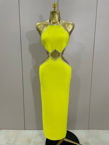 Luxury Sexy Backless Halter Beading Maxi Long Lemon Yellow Bandage Dress  Women Elegant Evening Club Birthday Party Dress