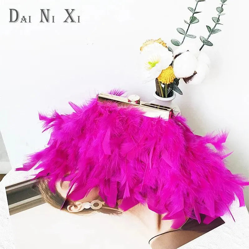 New Turkey Feather Crossbody Clutch Ostrich Feather Chain Evening Ladies Purse Shoulder Bag Red