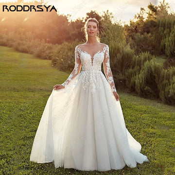 Pastrol Wedding Dresses For Woman Long Sleeves Illusion Back Scoop Bride Gowns Applique A-Line Tulle vestidos de novia