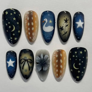 24pcs Gradient Black False Nails Yellow Star Moon Swan Pattern Press On Nails Sweet Cool Bowknots Flower Fake Nail Y2k Manicure