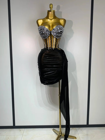 Sexy Two Pieces Top Skirt Sets Sparkly Diamonds See Through Stage Outfit Designer Performance Party Nightclub Birthday Dress