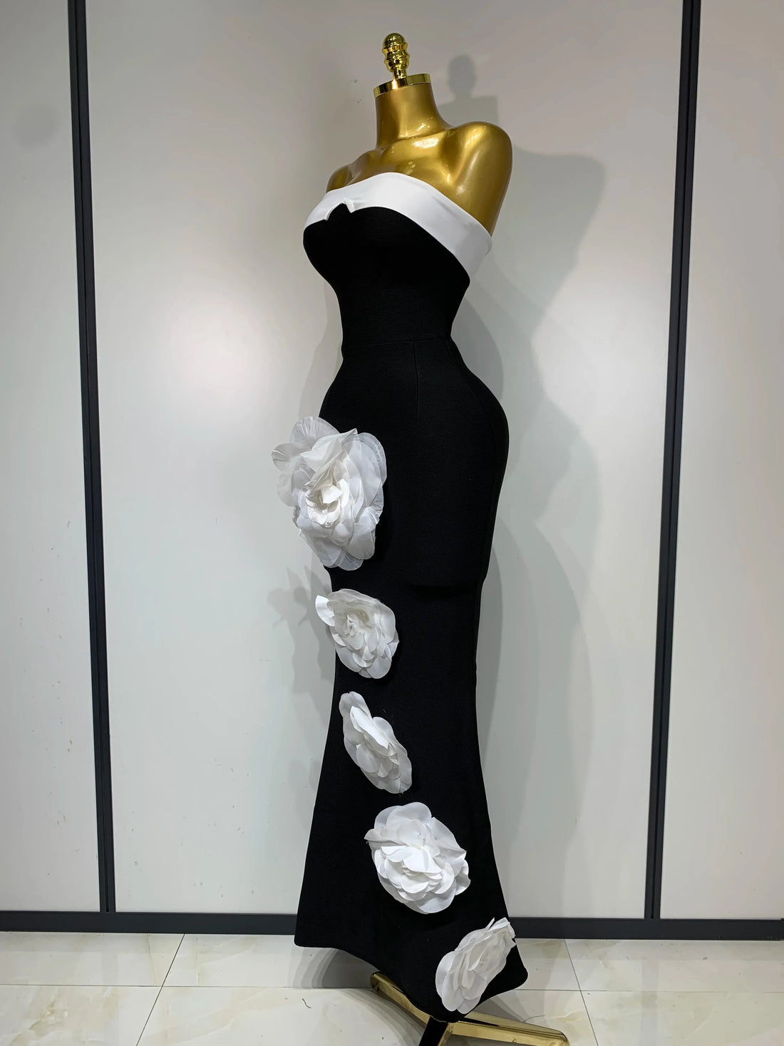 Women Sexy Strapless Backless Flower Maxi Long Bandage Dress  Knitted Celebrity Elegant Evening Club Party Birthday Dresses