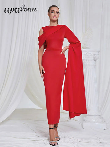2024 Chic and Elegant Women's Red Dress O-neck Single Shoulder Oversized Trumpet Sleeve Bodycon Long Dress Evening Party Vestido
