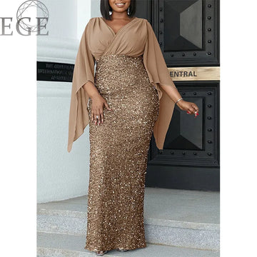 2023 Plus Size Luxury Dress glänsande Chiffon Loose Sherfang Plus Size Elegant Banquet Midi V Neck Dress