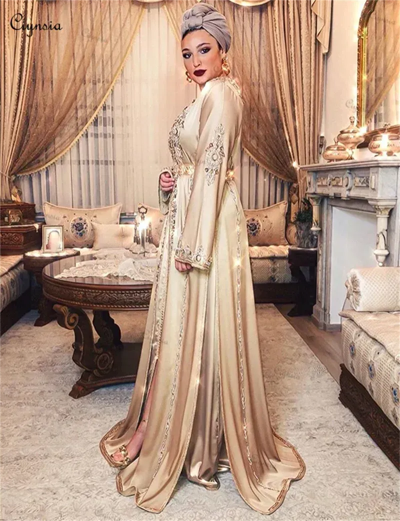 A-Line Satin Long Sleeve Nigeria Moroccan Caftan Evening Dresses Abendkleider Champagne Muslim Formal Party Gowns Women White