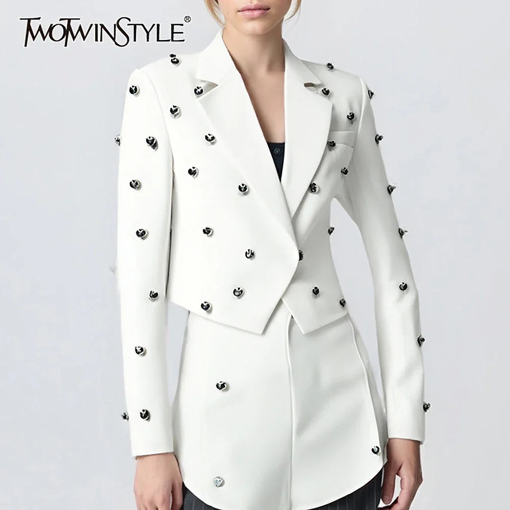 Solid Slimming Spliced Bead Fashion Short Jackets for Women Lapel Long Sleeves Temperament Jacket Female Clothing