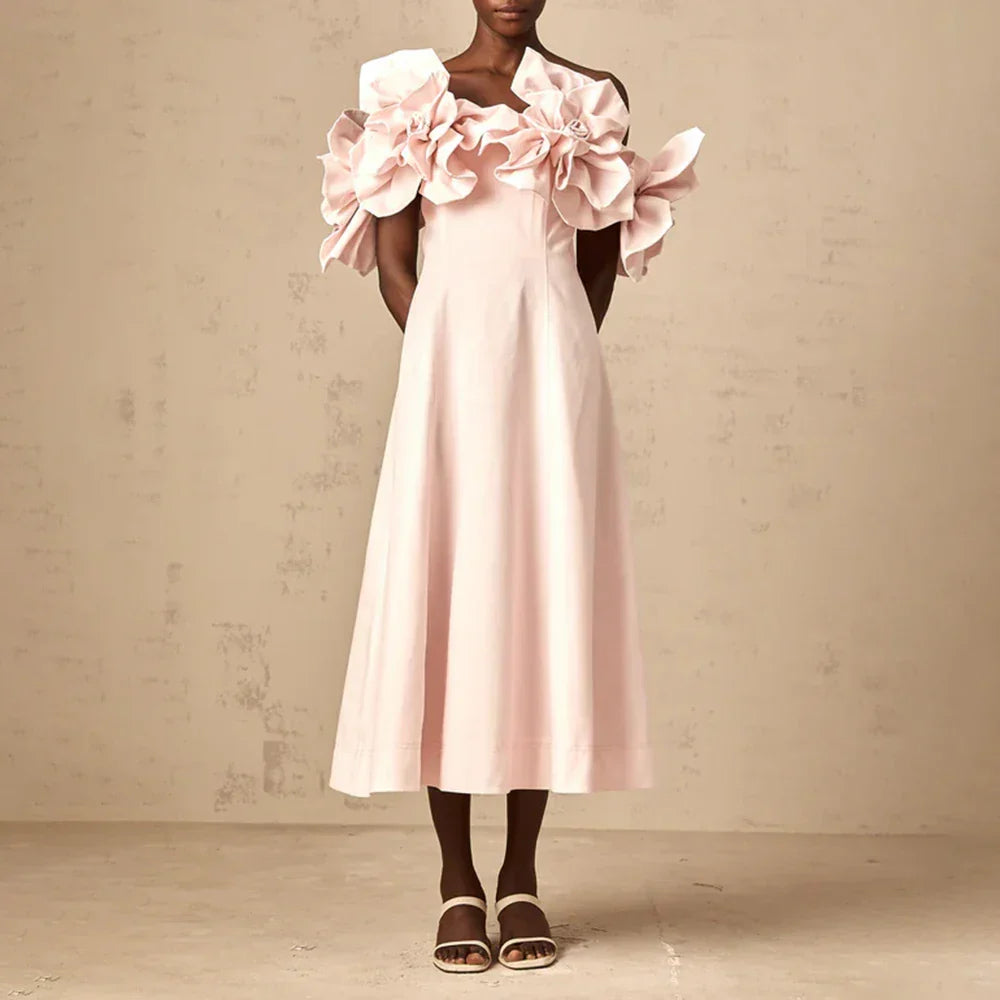 Solid Slimming Elegant Dresses for Women Strapless Off Shoulder Patchwork 3D Flowers Fashion Dress Female Clothing