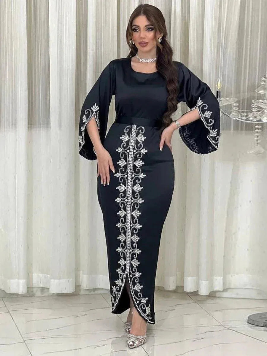 Dresses For Prom Kaftan Dubai Luxury Diamonds Formal Occasion Abaya Elegant Split Sleeve Ladies Long Wrap Dress With Belt