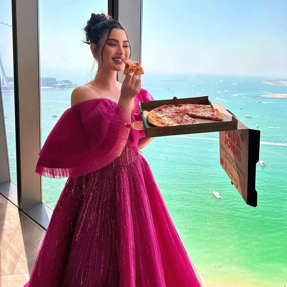 Luxury Dubai Ball Gown Fuchsia Evening Dress for Women Wedding Off Shoulder Arabic Celebrity Party Gown Fuchsia Evening Dress