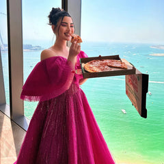 Luxury Dubai Ball Gown Fuchsia Evening Dress for Women Wedding Off Shoulder Arabic Celebrity Party Gown