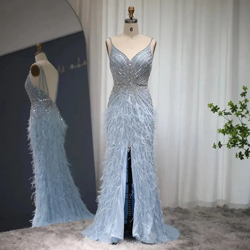Luxury Blue Mermaid Feathers Prom Dresses Spaghetti Straps Dubai Evening Dress Arabic Formal Party Gown Evening Dress