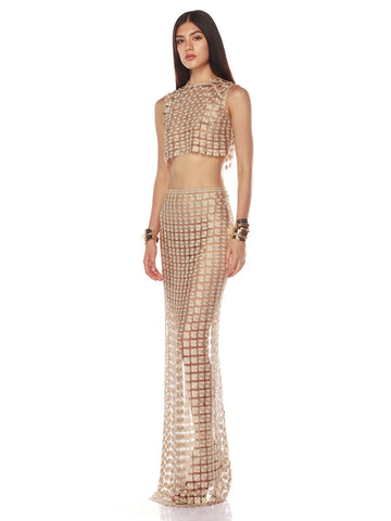 Conjunto VC Estiloso para Festival e Festa, Top Cropped Bege Sem Mangas e Saia Transparente com Zíper, Vestido Chic