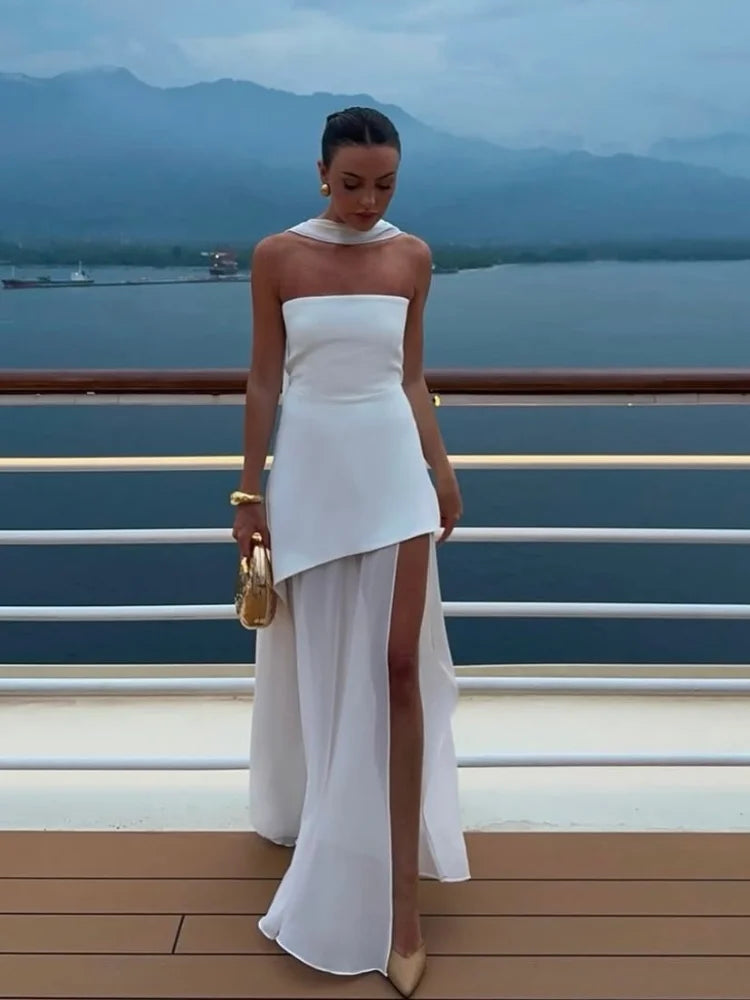 Elegant Off Shoulder Irregular Hem With Scarf Women Fashion Sleeveless Backless Slim Fit Long Dress 2025 New Summer Party Robes