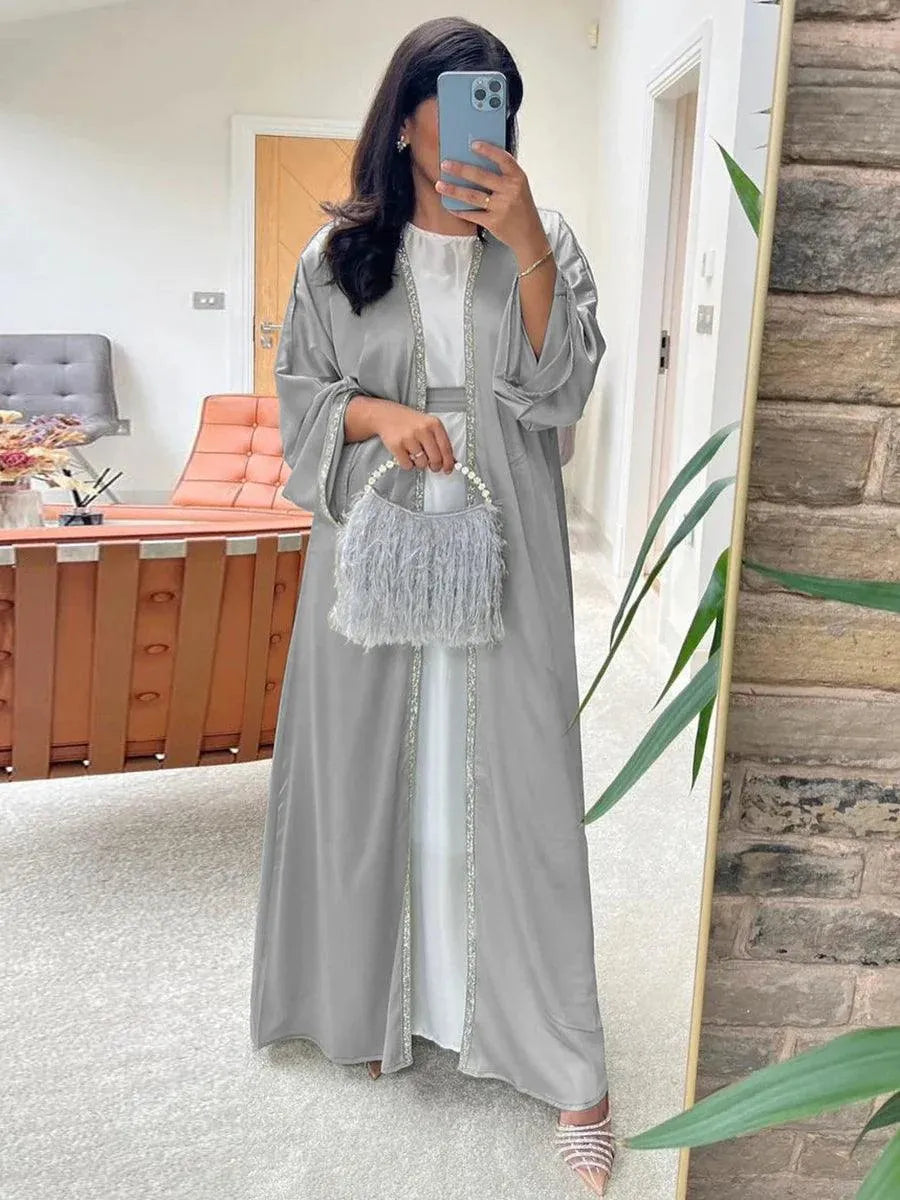 Open Kimono Dubai Abaya Chic Diamonds Solid Full Sleeve Cardigan Belted Clothing Elegant Casual Moroccan Women Caftan Apricot Abaya