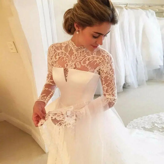 Abiti da sposa vintage a maniche lunghe Sweep treno vestido de noni in pizzo satinato aperto a mariera su misura