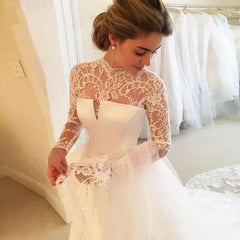 Long Sleeves Vintage Wedding Dresses Sweep Train Vestido De Novia Lace Satin Open Back Custom Made Robe De Mariee