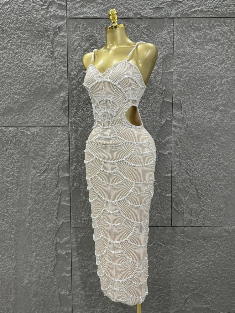 Women Sleeveless Sexy Strap Pearl Beading Bodycon Long Dress Celebrate Evening Party Birthday Cocktail Outfit