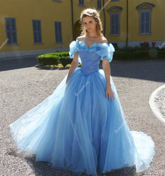 Vestido de noche de princesa azul con hombros descubiertos y cordones en la espalda, vestidos de fiesta con apliques de encaje de tul, hermosos vestidos de fiesta formales, vestido D