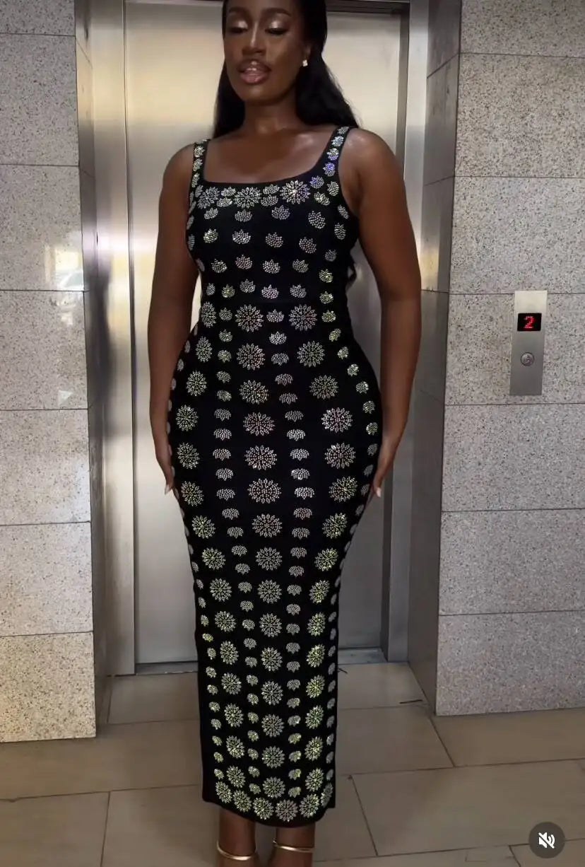 Shinning Rhinestones Women Sleeveless Sexy O-Neck Bodycon Long Bandage Dress Fashion Celebrate Evening Party Cocktail Dress