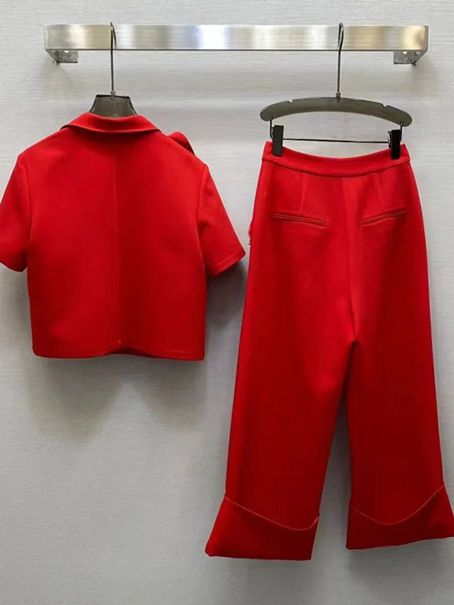 Solid Elegant Two Piece Sets for Women Lapel Short Sleeve Spliced 3D Flower Top High Waist Wide Leg Pant Set Female