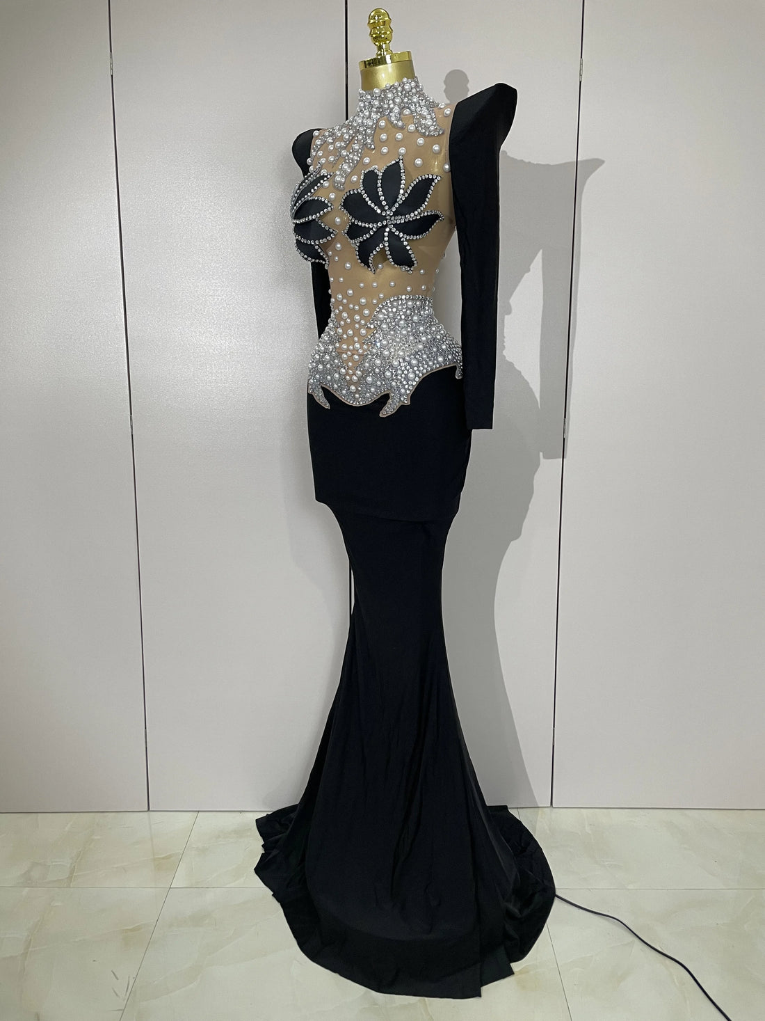 Sparkly Diamonds Pearl Black Sexy See Through Mesh Long Dress Women Wedding Evening Luxury Birthday Party Stage Photoshoot Dress