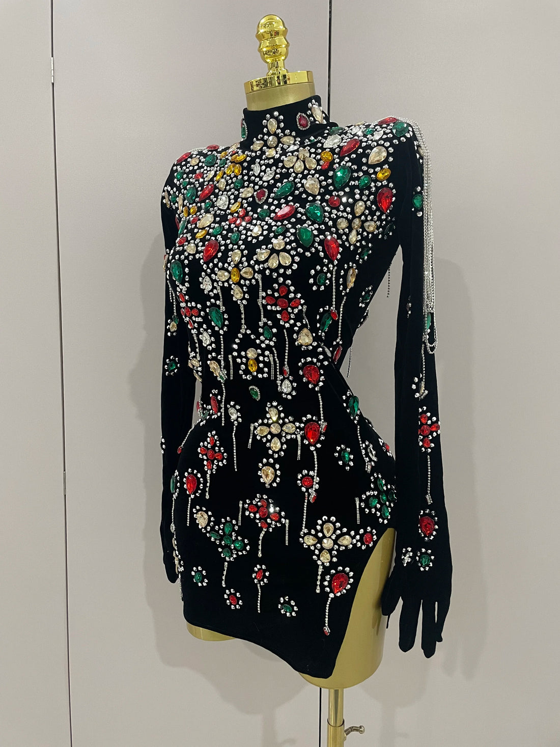 Sexy Sparkle Multicolor Rhinestones Black Velvet Gloves Slit Short Dress 2025New Women Evening Birthday Party Club Stage Costume