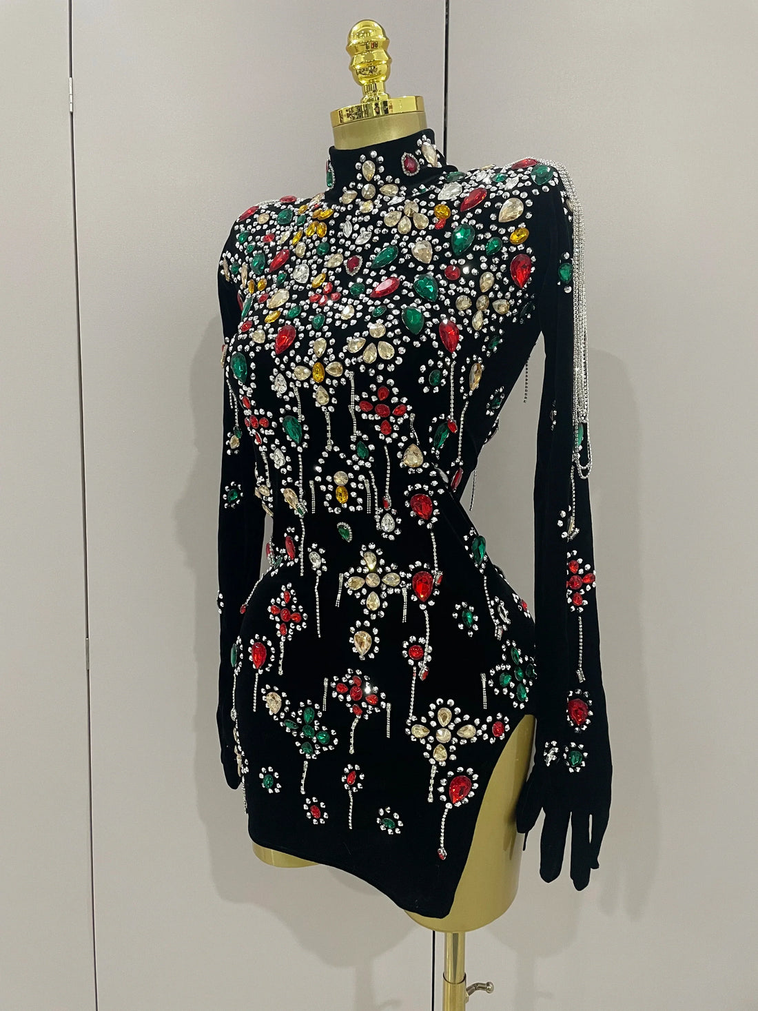 Sexy Sparkle Multicolor Rhinestones Black Velvet Gloves Slit Short Dress New Women Evening Birthday Party Club Stage Costume