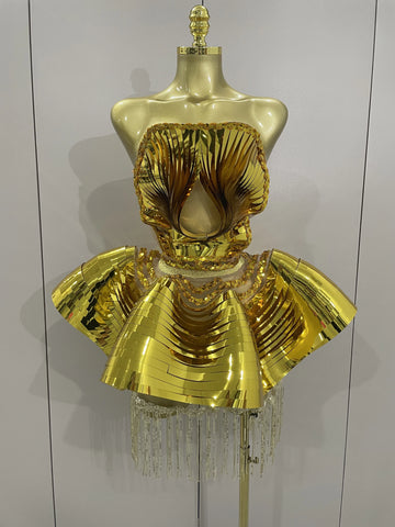 STOCK Shiny Gold Mirrors Sexy 2 Pieces Mini Dress 2025 Women Celebrate Birthday Party Performance Stage Costume Festival Wear