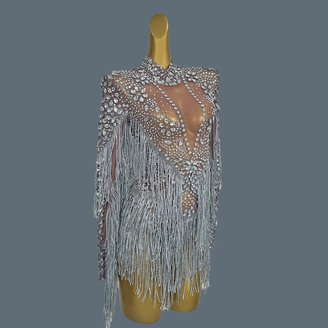 Shining Silver Tight Bodysuit Performance Dancer Costume Women Sexy Mesh Stretch Sequins Fringes Nightclub Stage Outfit Shenhui