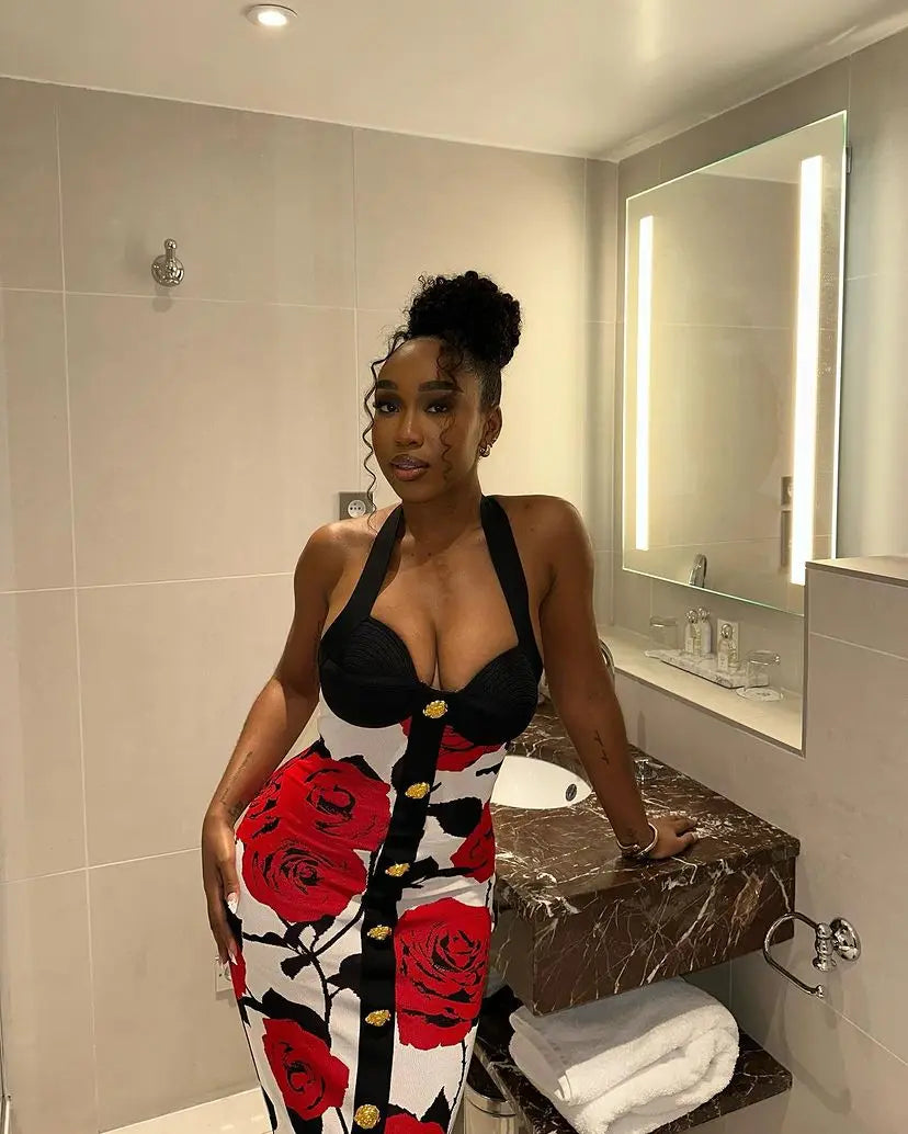 Women Sexy Halter Backless Bodycon Mid-calf Bandage Dress Elegant Evening Party Celebrate Dress High Quality