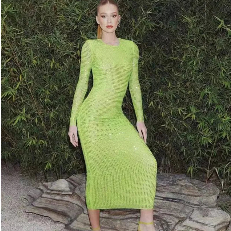 Long Sleeve Diamond Mesh See Through Sexy Bodycon Long Dress Celebrity Nightclub Party Dress Vestido