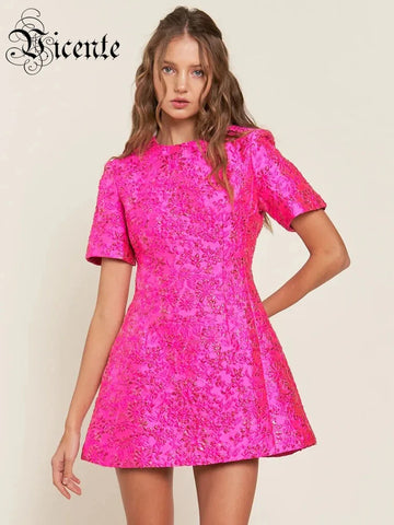 VC Elegant Dresses For Women Chic Beautiful Flower Jacquard Hot Pink Gowns Short Sleeve Mini Dresses Summer 2024