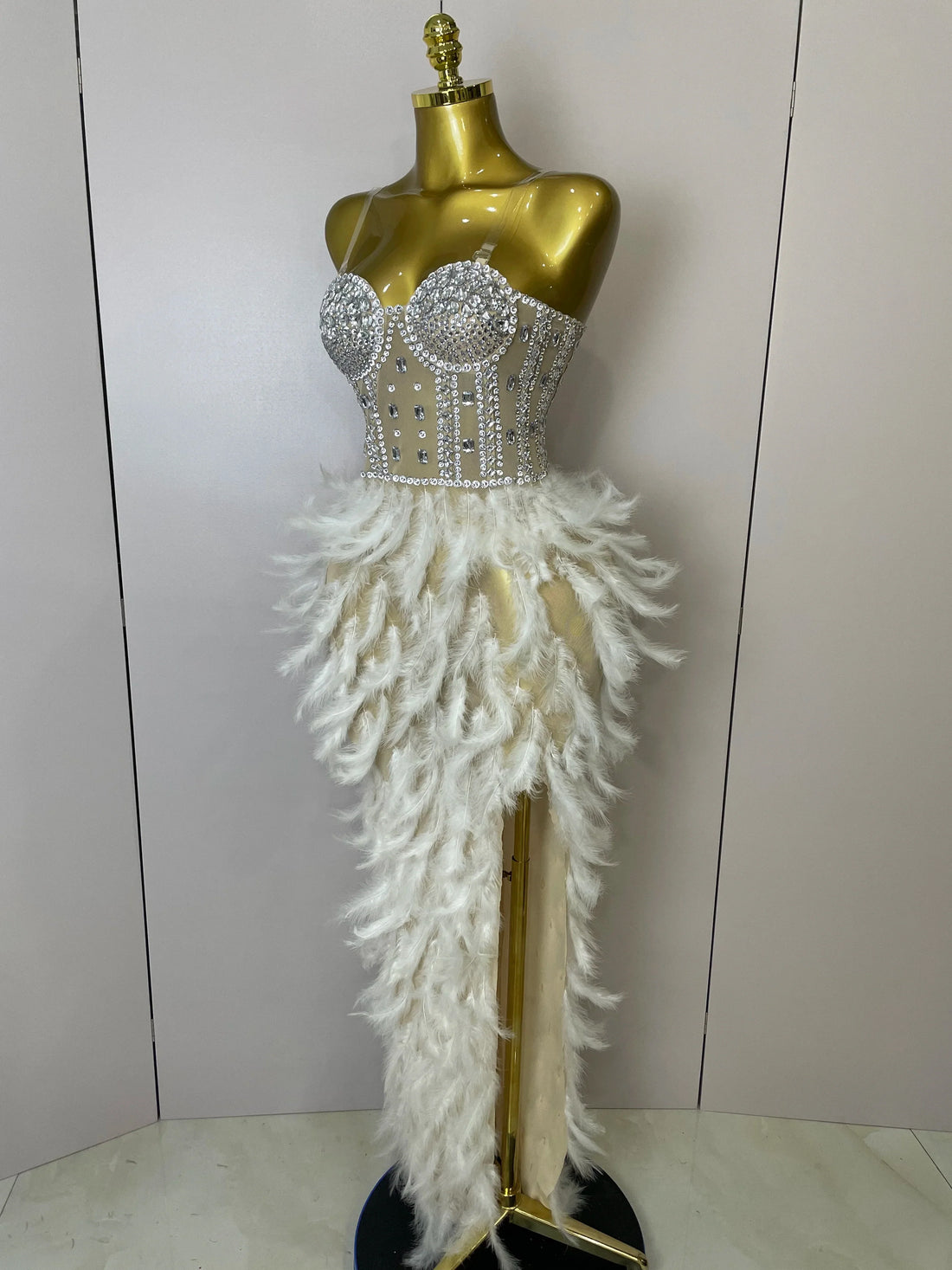 Women Sexy Sparkly Rhinestone Mesh Feather Long Dress Elegant Evening Party Celebrate Birthday Performance Costume