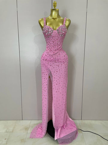 Luxury Pink Rhinestones Split Floor Length Dress  Women Sexy Evening Celebrate Birthday Party Dress Photoshoot Stage Wear