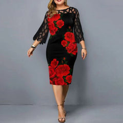 Plus Size Women Clothing Elegant Casual Party Dress Autumn/Winter Lace Print Knee-Length Flare Sleeve O-Neck