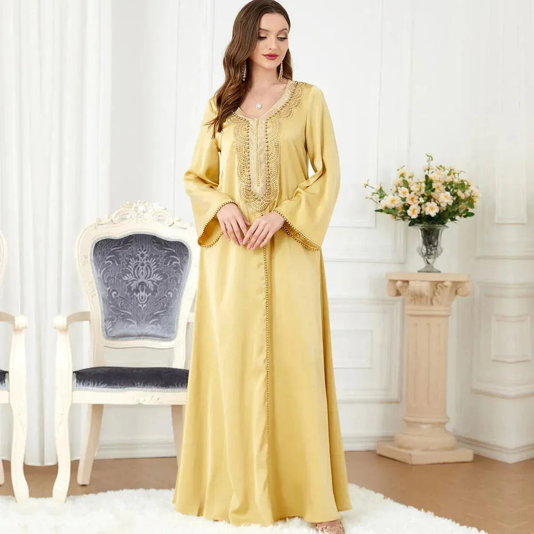 Abaya For Women Ramadan Dubai Arab Apparel Women's V-neck Beaded Long Sleeve Fashion Dress V-neck Embroidery Long Dress
