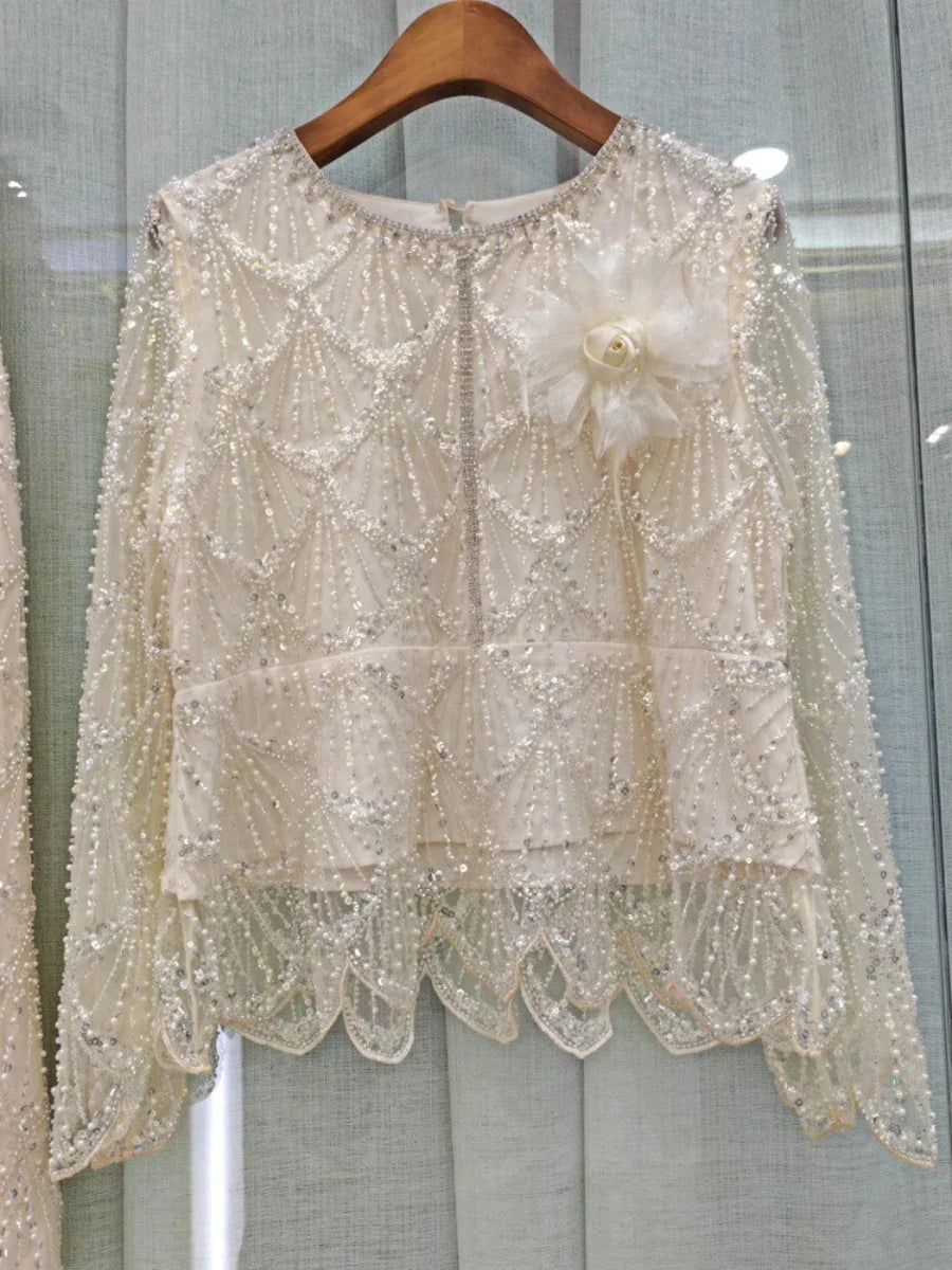 TWOTWINSTYLE Spliced Bead Luxurious Two Piece Sets for Women Round Neck Long Sleeve Patchwork 3D Flower Top Skirt Set Female New