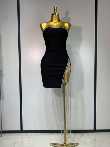 Women Celebrity Sexy Strapless Backless Black Diamond Tassels Mini Bodycon Bandage Dress 2025 Elegant Evening Club Party Dresses