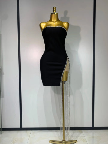 Women Celebrity Sexy Strapless Backless Black Diamond Tassels Mini Bodycon Bandage Dress  Elegant Evening Club Party Dresses