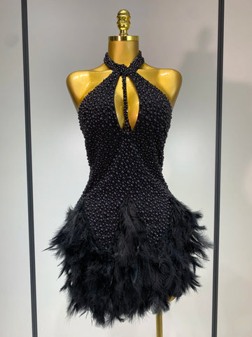 Sexy Backless Feathers Performance Costume Stage Dancer Black Mini Stretchy Nightclub Luxury Birthday Evening Party Dresses