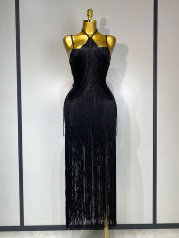 Women Sexy Backless Tassel Black Ankle Bodycon Bandage Dress 2025 Celebrity Elegant Evening Club Luxury Birthday Party Dresses