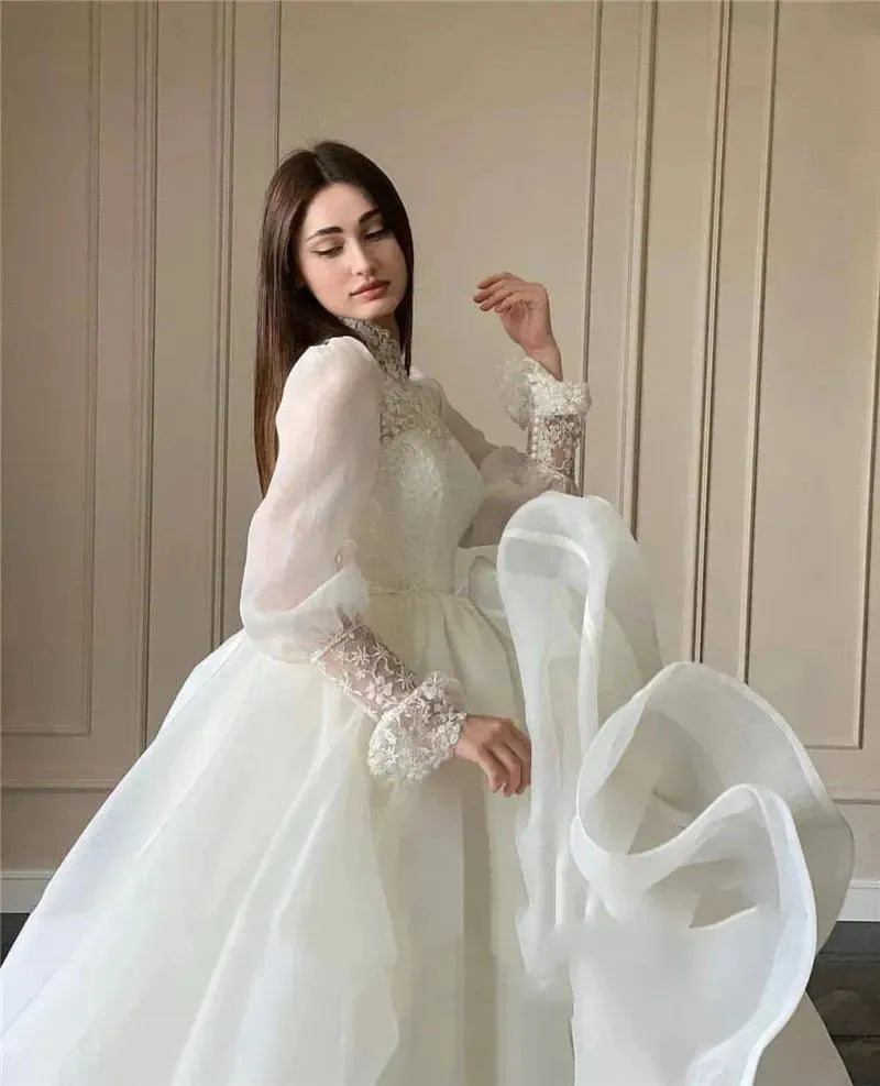 Gorgeous High Collar Elegant A Line Wedding Dress Lace Puff Long Sleeves High Neck Korea Wedding Bridal Gowns Robe de mariage Beige