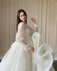 Hermoso vestido de novia elegante de cuello alto con corte A y encaje, mangas largas abullonadas, cuello alto, vestidos de novia de Corea para boda 