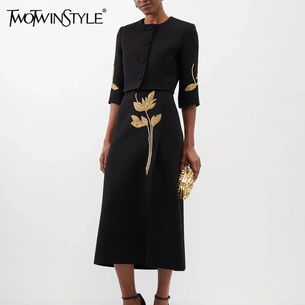 Colorblock Chic Two Piece Sets For Women O Neck Half Sleeve Coat High Waist Skirt Elegant Set Female Fashion Style