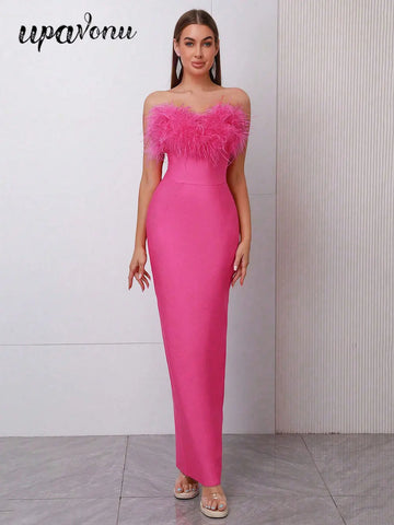 2025 Spring Sexy Women Feather Design Bandage Dress Strapless Sleeveless Bodycon Backless Long Dress Evening Club Party Vestidos