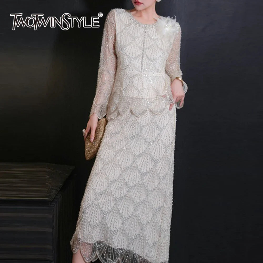 TWOTWINSTYLE Spliced Bead Luxurious Two Piece Sets for Women Round Neck Long Sleeve Patchwork 3D Flower Top Skirt Set Female New