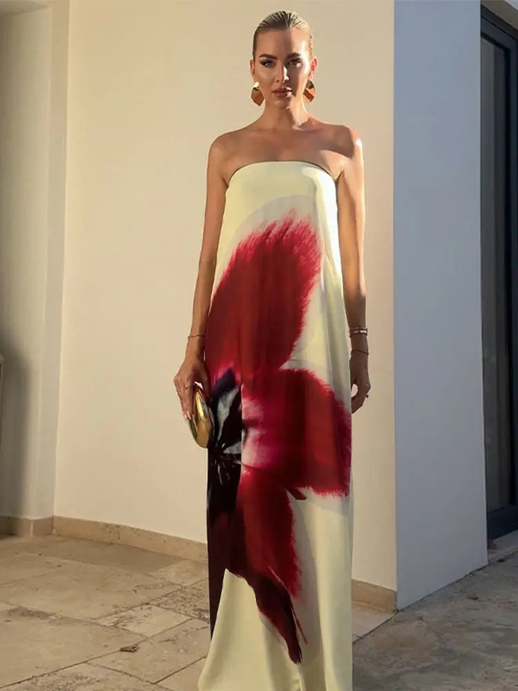 Chic Flower Printed V Neck Beach Dress For Women Fashion Sleeveless Backless Ruffles Midi Dresses 2025 Summer Lady Holiday Robes MULTI