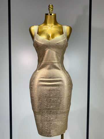 Women Sexy V Neck Bronzing Gold Midi Bodycon Bandage Dress 2025 Celebrity Elegant Evening Club Party Luxury Birthday Dress