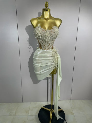 Luxury Shining Pearls Sexy Asymmetrical Skirt 2 PCS Set  Women Evening Birthday Party Stage Dancer Performance Costume