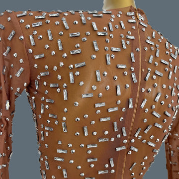 Women Elegant Sexy See Through Cocktail Dress Sparkly Full Rhinestones Long Sleeve Prom Evening Birthday Party Gown Bailian